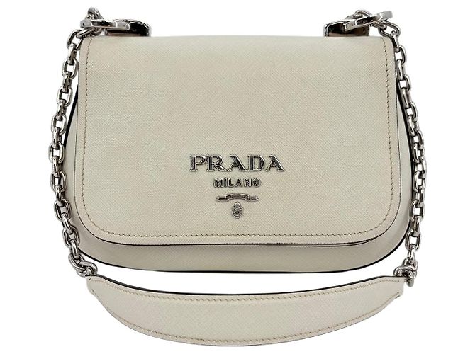Prada Saffiano Silver Logo Chain Shoulder Bag White