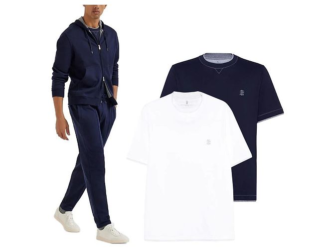 Brunello Cucinelli Double Layer Stitch T-Shirt with Logo Embroidery Blue