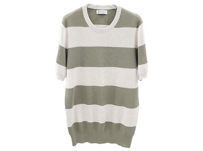 Brunello Cucinelli Gestreickter Kurzarm-Strickpullover mit Rundhalsausschnitt Mehrfarben 