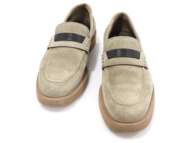 Brunello Cucinelli Mocasines Penny de ante beige para mujer Castaño