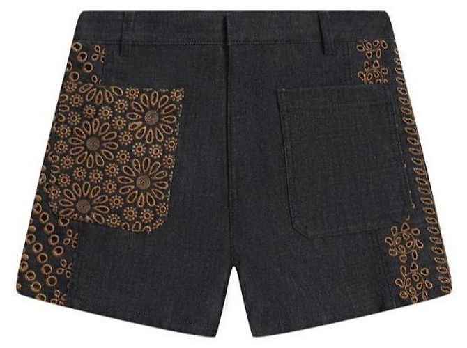 Dior Pantaloncini in denim di cotone con ricamo floreale Nero 