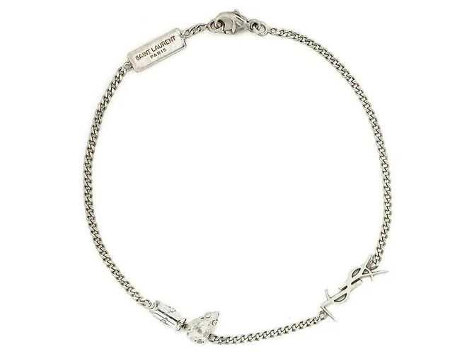 Saint Laurent Bracciale charm monogramma argento e strass 