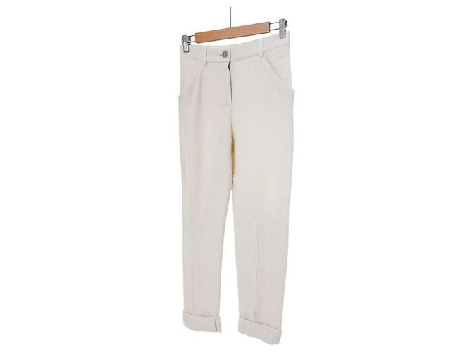 Chanel Calças de tweed de lã com bainha dobrada para mulher Branco