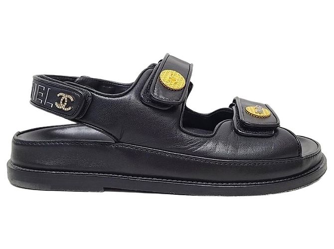Chanel Black Lettering Patch Leather Strap Velcro Sandals