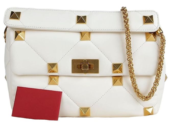 Valentino Tote e Bolsa de Ombro Roman Stud em Couro Branco Recondicionado