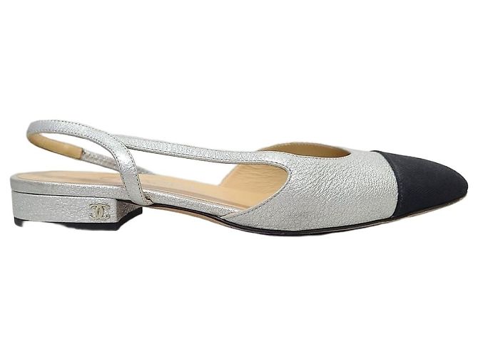Chanel Silver Two-Tone Slingback Pumps Low Heel Flat Shoes Silvery