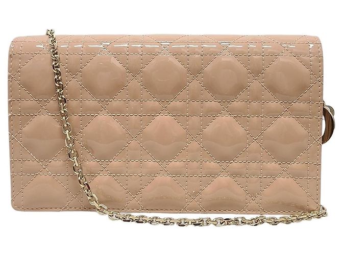 Dior Bolsa de ombro Lady Chain em verniz cannage bege Marrom