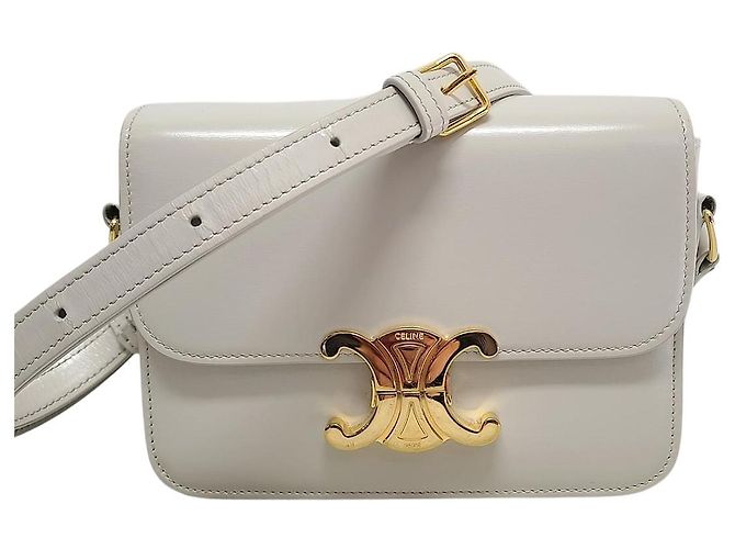 Céline Mini bolsa Triomphe em couro de bezerro brilhante Chalk Branco