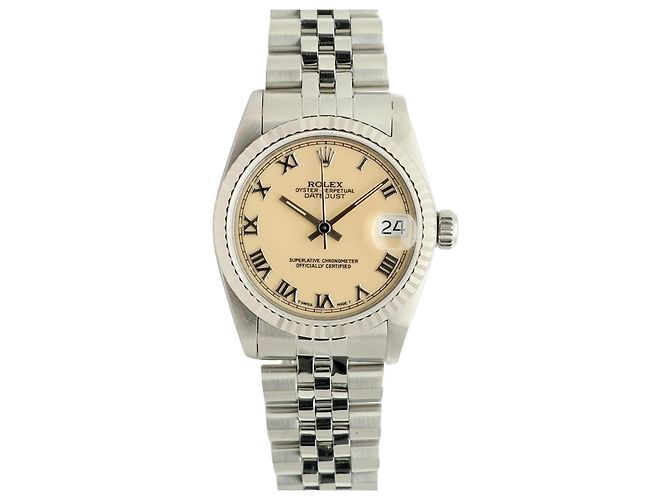 Rolex Relógio Datejust de aço para mulher com mostrador creme brilhante Branco