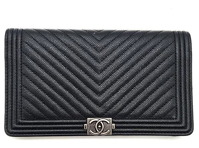 Chanel Caviar Chevron Boy Long Wallet Black