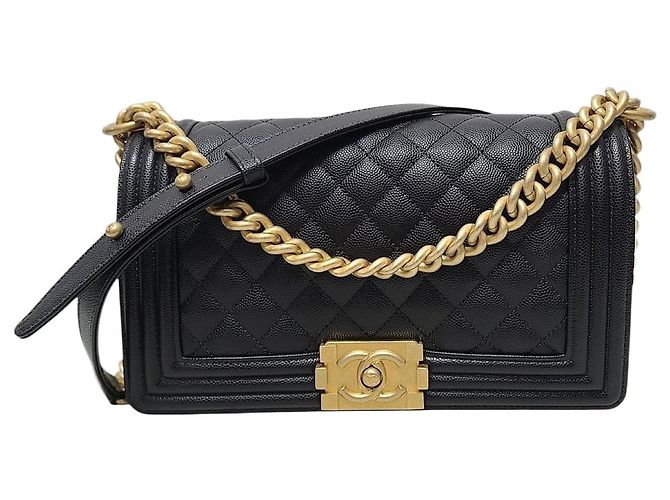 Chanel Black Caviar Gold Boy Bag Medium Chip Noir