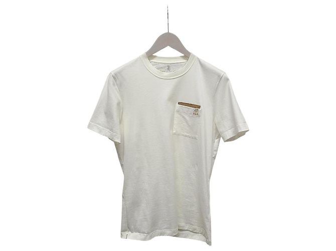 Brunello Cucinelli Weißes Kurzarm-T-Shirt aus Leder mit Rundtasche
