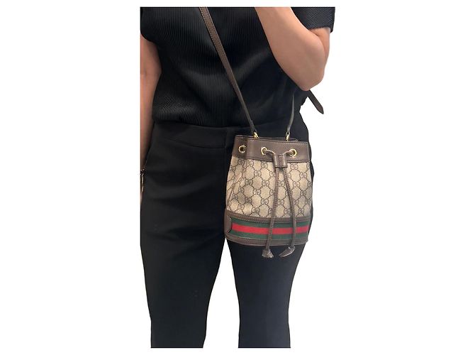 Gucci Borsa a secchiello Ophidia GG Mini Beige Ebony Marrone