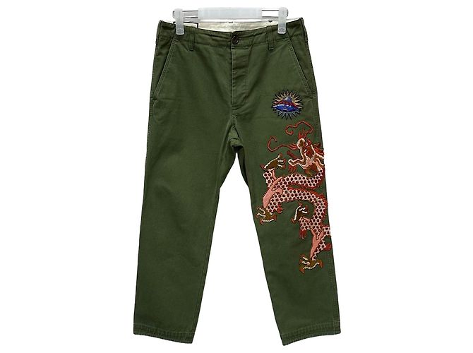 Gucci Pantalones chino de algodón con bordado de dragón Negro