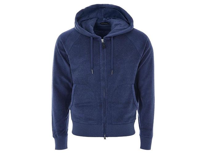 Tom Ford Moletom com capuz e zíper em tecido terry de algodão azul