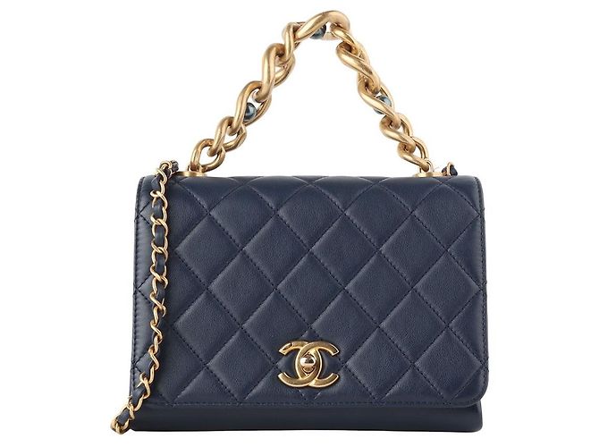 Chanel Triple Pearl Chain Turnlock Flap Shoulder Bag Blue