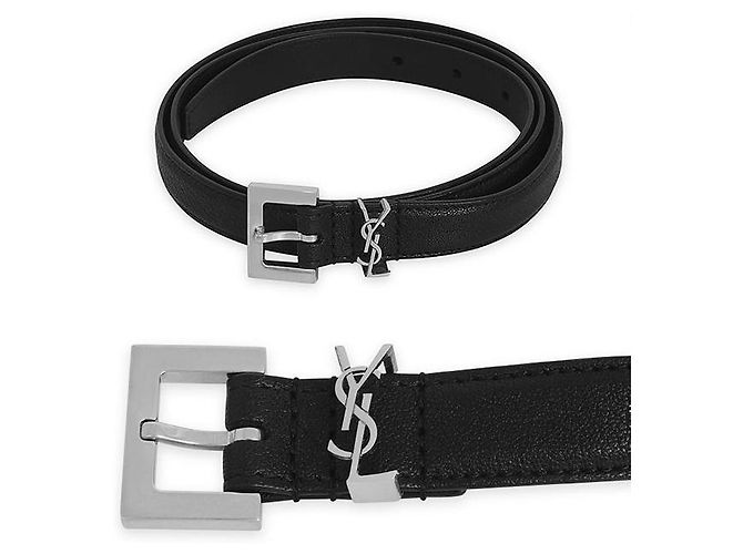 Saint Laurent Gürtel Monogramm Logo Silberbeschichtung Schwarz