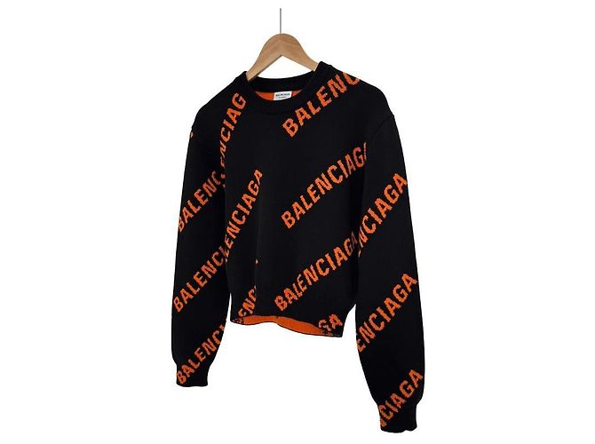 Balenciaga Kurzes Damen-Strickpullover aus Wolle mit Multi-Logo-Jacquard Orange Schwarz