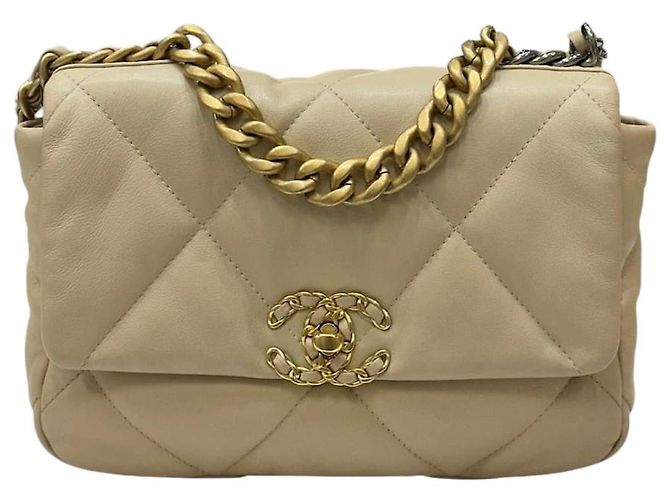 Chanel 19 Chanel Bolsa com aba Medium Beige Marrom