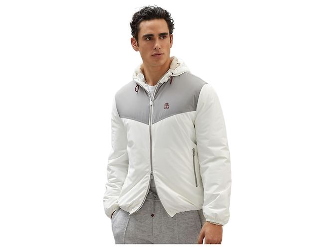 Jaqueta de plumas com capuz e logo em dois tons Brunello Cucinelli Prata