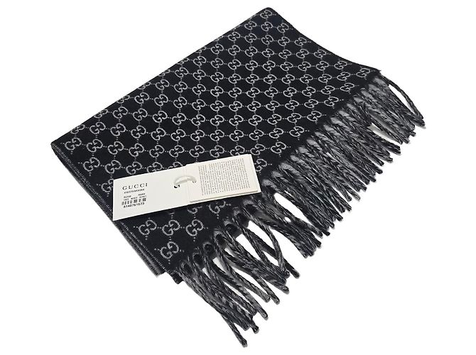 Gucci Cachecol GG de lã e cashmere cinza claro com franjas Marrom