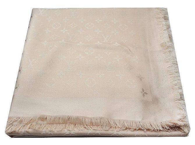 Louis Vuitton Sciarpa in lana e seta con monogramma beige e frange Marrone
