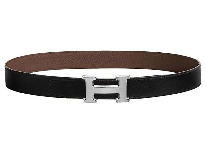 Hermès Reversible Buckle Black Chocolate Silver Matte Men's Leather Belt Silvery
