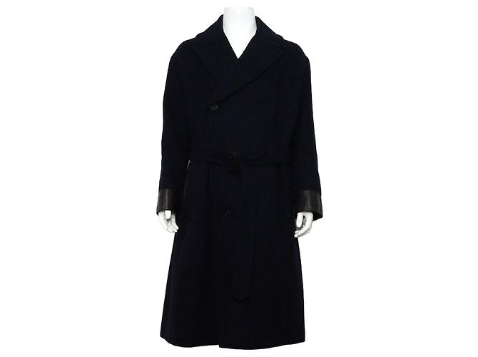 Hermès Navy Wool Black Lambskin Lining Double Men's Long Coat Blue