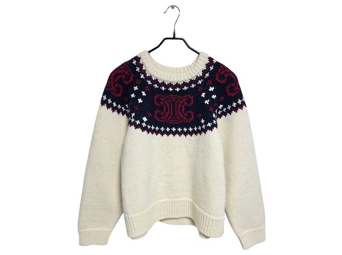 Céline Fair Isle Triomphe Strickpullover für Damen Weiß 