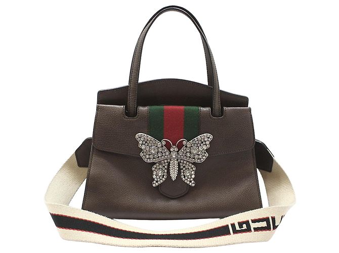 Gucci Bolsa de mão e de ombro em couro marrom com totem de borboleta de cristal