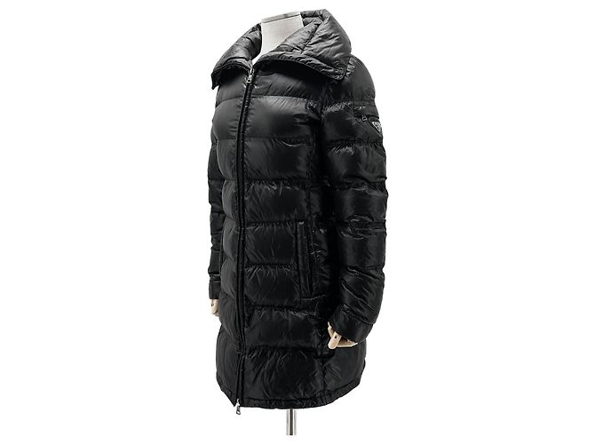 Double Prada Triangle Logo Women Long Down Jacket Black