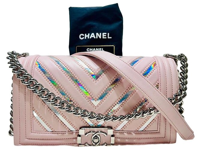 Le Boy Chanel Bolsa Boy Chevron Prata Série Bolsa de Ombro Medium Rosa