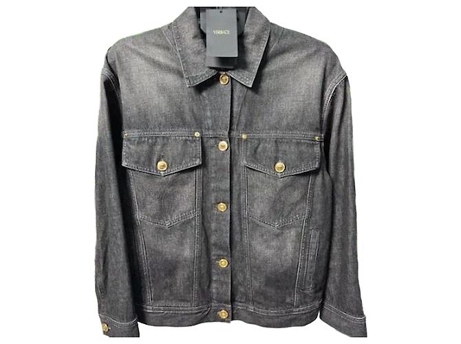 Medusa Versace Baroque Back Pattern Oversized Black Denim Jacket Blue