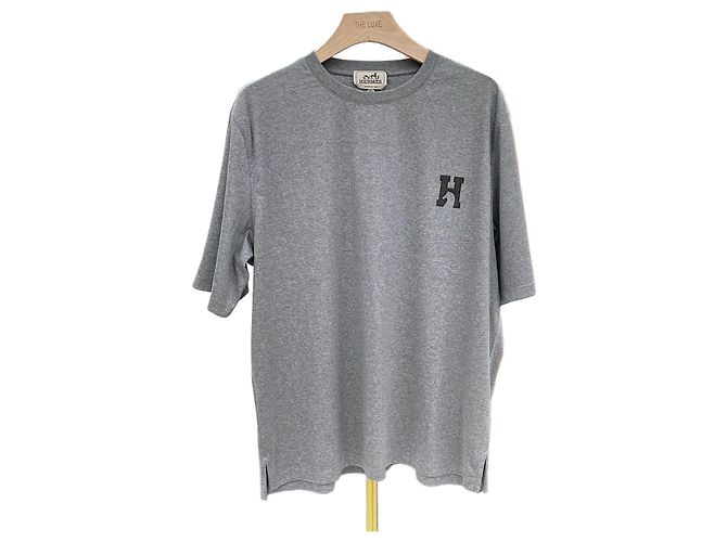 Hermès Cheval Leder Logo Crewneck T-Shirt Grau Braun