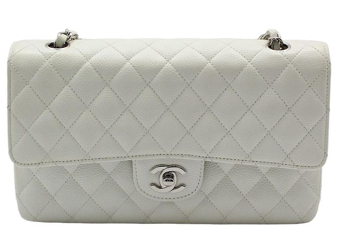 Chanel Borsa a tracolla classica White Caviar Silver Medium Bianco