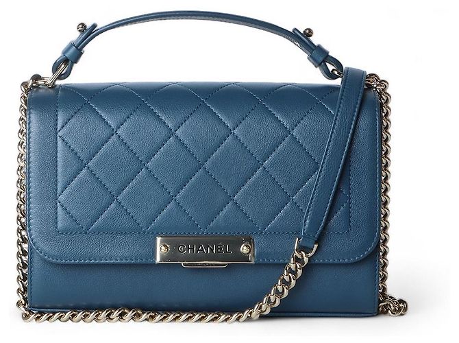 Chanel Label Click Top Handle Flap Medium Shoulder Bag Blue
