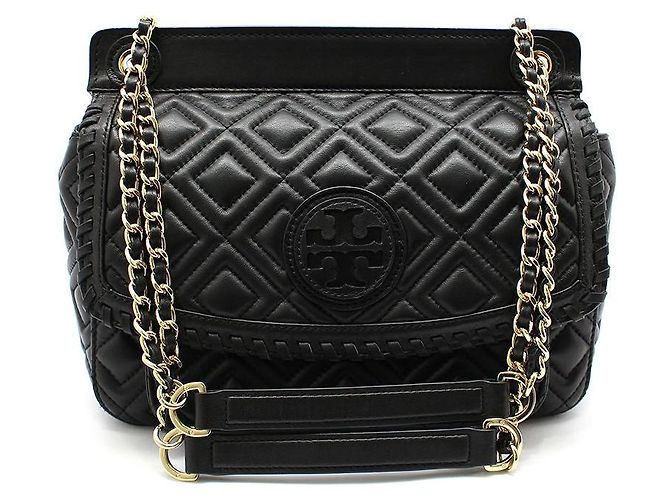 Tory Burch Bolsa de ombro Marion em couro acolchoado preto com corrente dourada