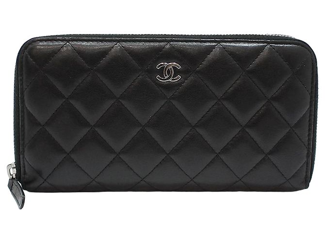Chanel Black Lambskin Classic Silver Zipped Long Wallet