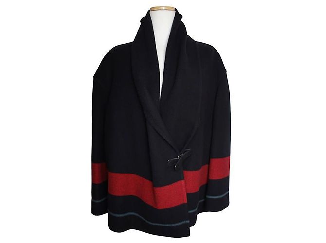 Hermès Navy Red Paon Lining Cashmere Shawl Lapel Short Coat Blue