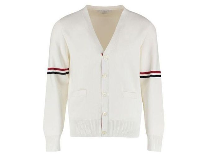 Thom Browne V-Ausschnitt-Cardigan aus Baumwolle mit Milano-Stich-Bündchen Weiß