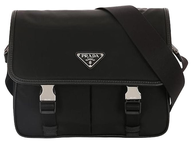 Prada Nylon Saffiano Leather Buckle Shoulder Bag Black