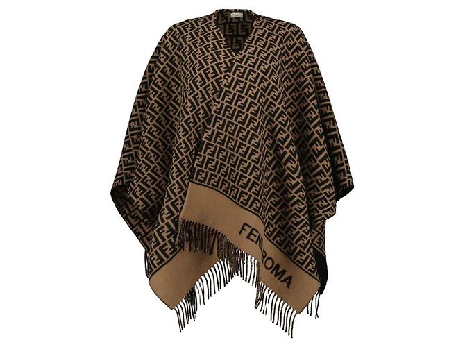 Fendi FF Logo Damen-Poncho aus Wolle und Kaschmir Braun