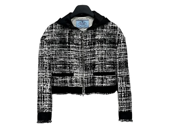Prada Tweed-Kapuzenjacke mit Dreieckslogo vorne Braun