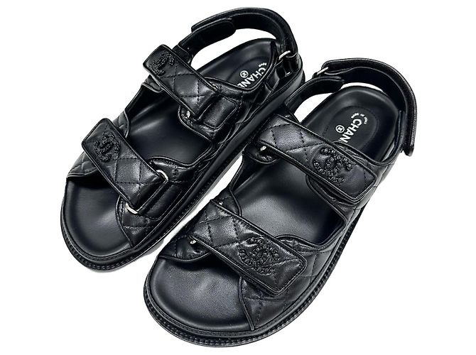 Chanel Velcro Sandals Black Caviar
