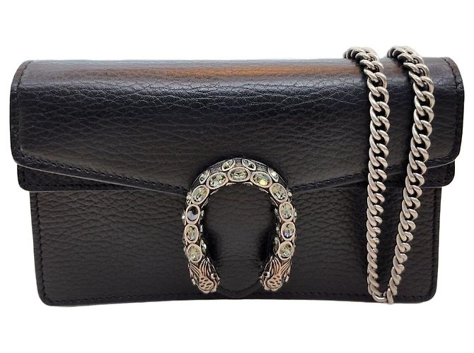 Gucci Mini borsa a tracolla Dionysus in pelle nera con cristalli e catena Nero
