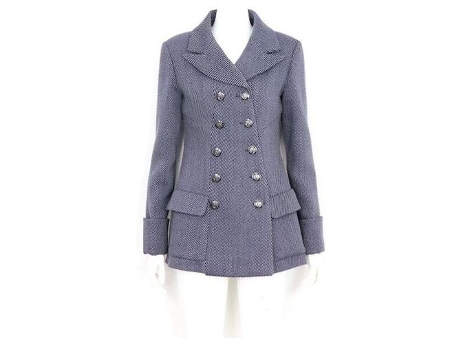 Chanel Wool Blended Double Short Coat Women's Jacket Blue