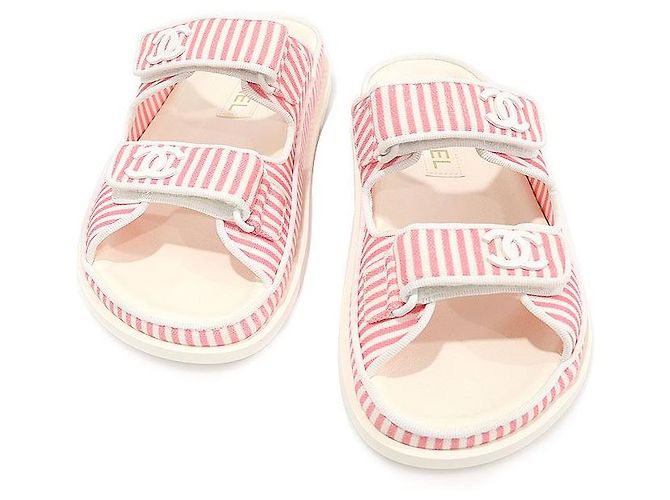 Chanel Mule de algodão com listras brancas e rosa e logo CC com velcro para mulher Branco