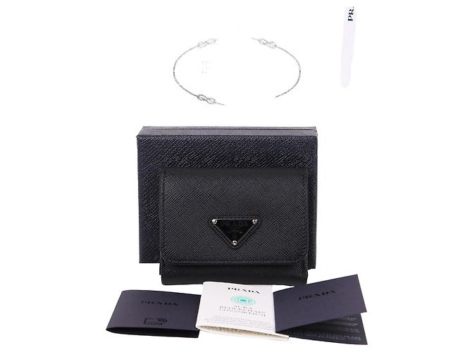 Saffiano Prada Triangle Logo Unused Flap Women's Wallet Black