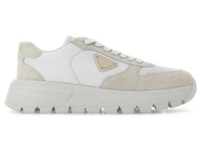 Prada Baskets en nylon et daim RAX Blanc