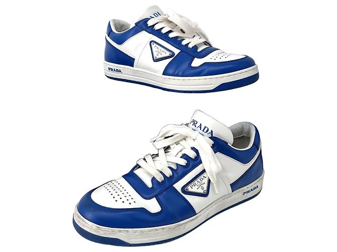 Prada Downtown Leather Sneakers White Cobalt Blue